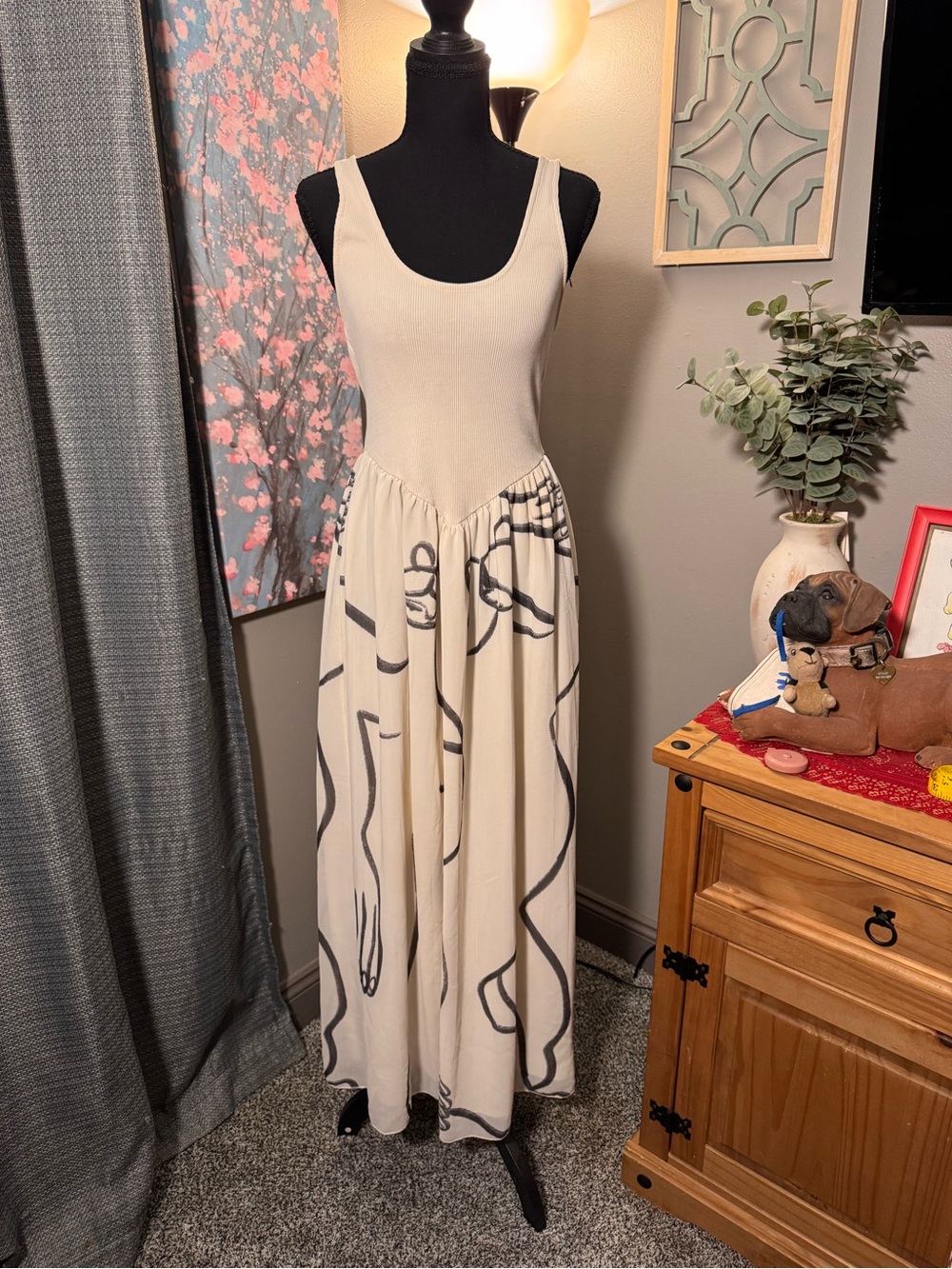 Zara x Dina Bukva Cream Maxi Tank Dress with Abstract Gray Line Design - Picture 1 of 4